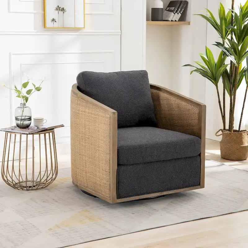 360 Swivel Barrel Accent Chair Rattan Frame Upholstered Foam Cushion Carbon Black