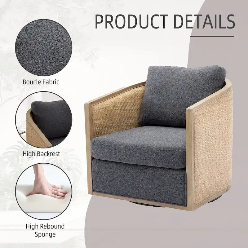 360 Swivel Barrel Accent Chair Rattan Frame Upholstered Foam Cushion Carbon Black