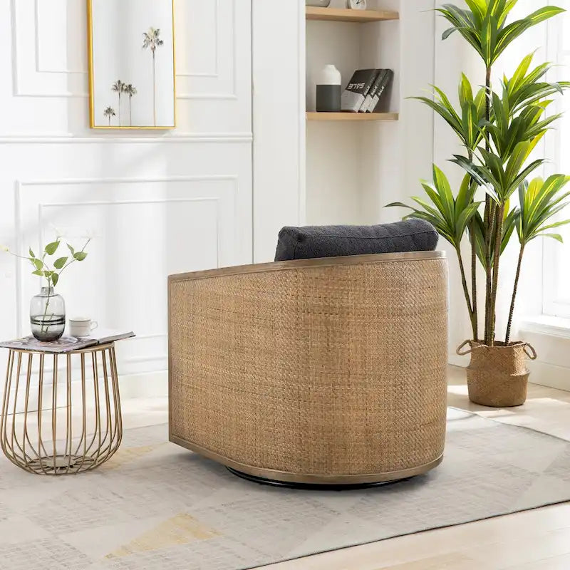 360 Swivel Barrel Accent Chair Rattan Frame Upholstered Foam Cushion Carbon Black