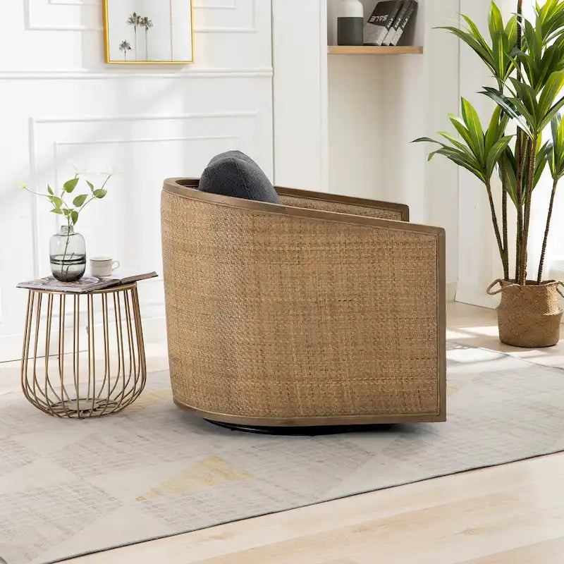 360 Swivel Barrel Accent Chair Rattan Frame Upholstered Foam Cushion Carbon Black