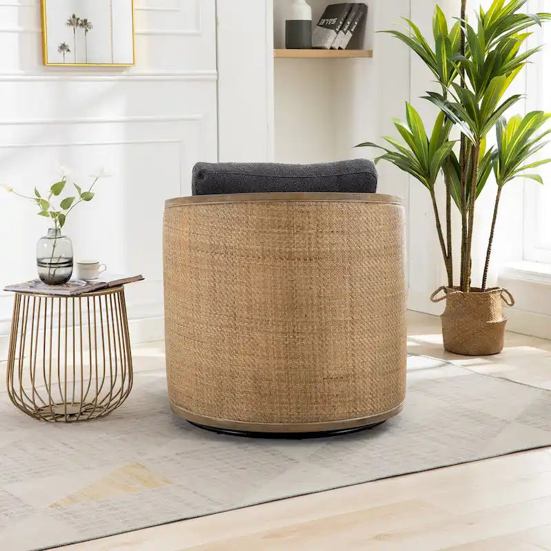 360 Swivel Barrel Accent Chair Rattan Frame Upholstered Foam Cushion Carbon Black