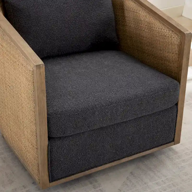 360 Swivel Barrel Accent Chair Rattan Frame Upholstered Foam Cushion Carbon Black