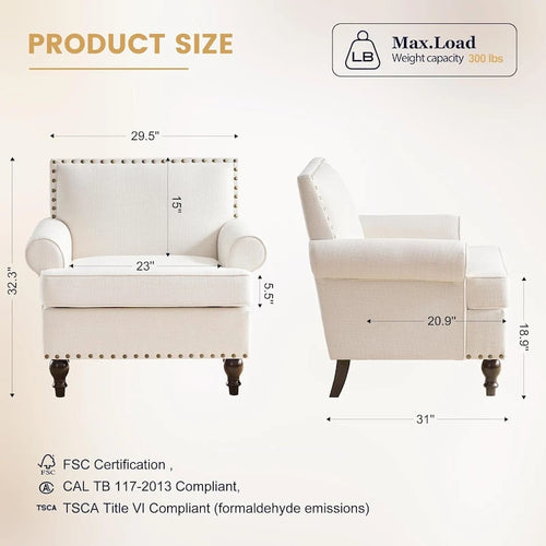 Beige Linen Fabric Accent Armchair with Nailhead Trim Solid Wood Frame