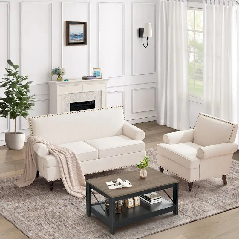 Beige Linen Fabric Accent Armchair with Nailhead Trim Solid Wood Frame