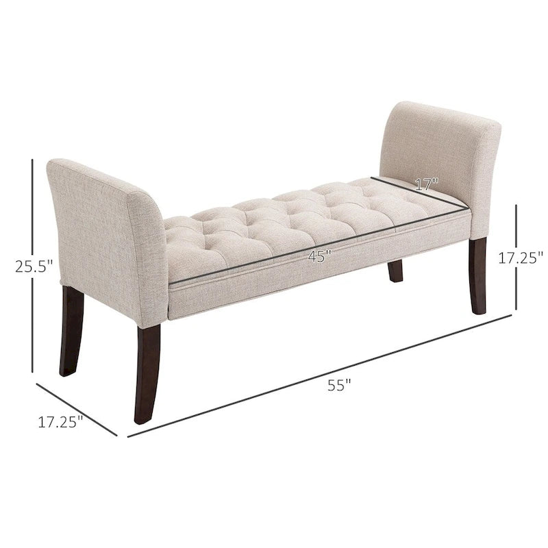 Button Tufted Upholstered Bench with Armrests Linen Fabric Rubber Wood Legs