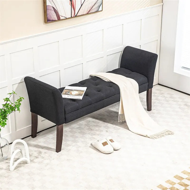 Button Tufted Upholstered Bench with Armrests Linen Fabric Rubber Wood Legs