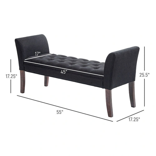 Button Tufted Upholstered Bench with Armrests Linen Fabric Rubber Wood Legs