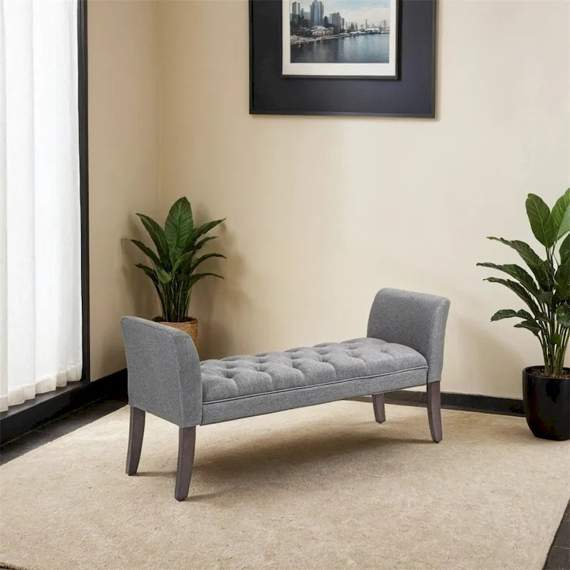 Button Tufted Upholstered Bench with Armrests Linen Fabric Rubber Wood Legs