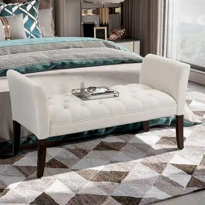 Button Tufted Upholstered Bench with Armrests Linen Fabric Rubber Wood Legs