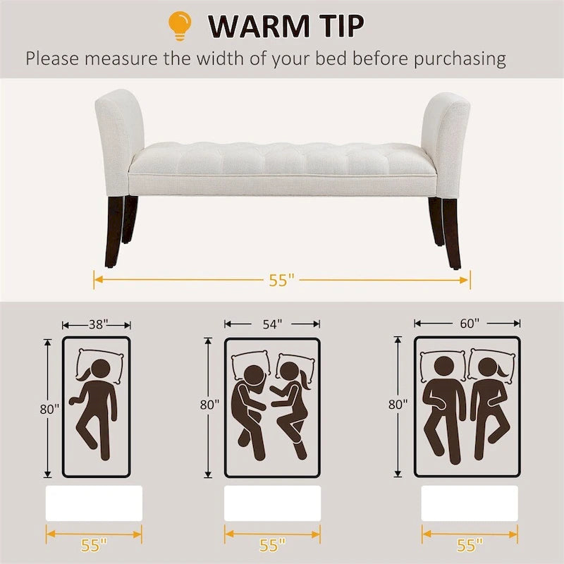 Button Tufted Upholstered Bench with Armrests Linen Fabric Rubber Wood Legs