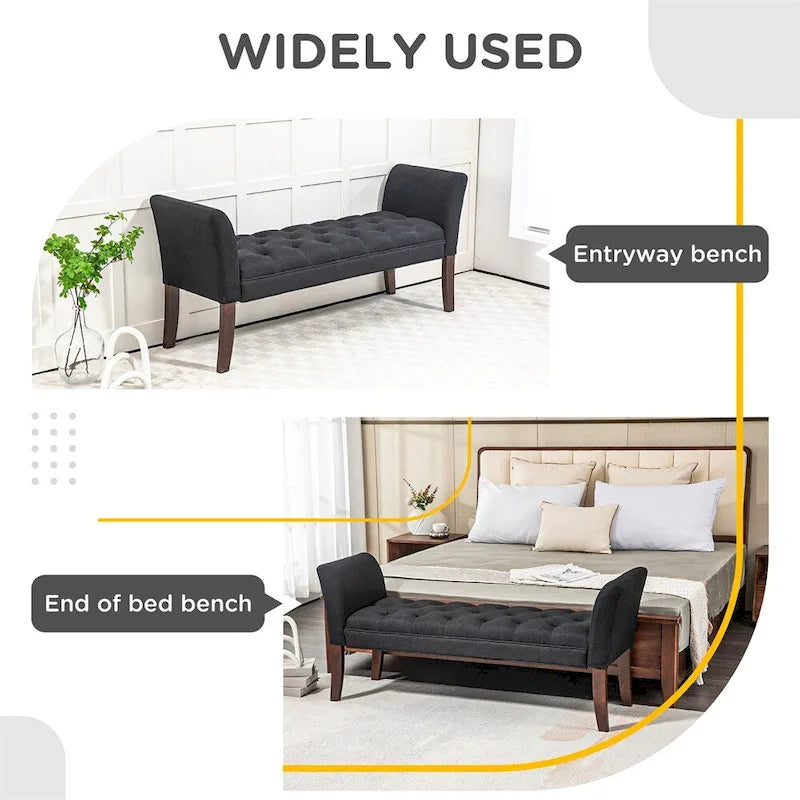 Button Tufted Upholstered Bench with Armrests Linen Fabric Rubber Wood Legs