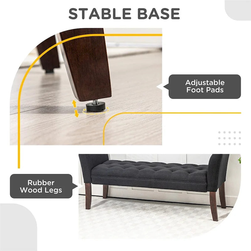 Button Tufted Upholstered Bench with Armrests Linen Fabric Rubber Wood Legs