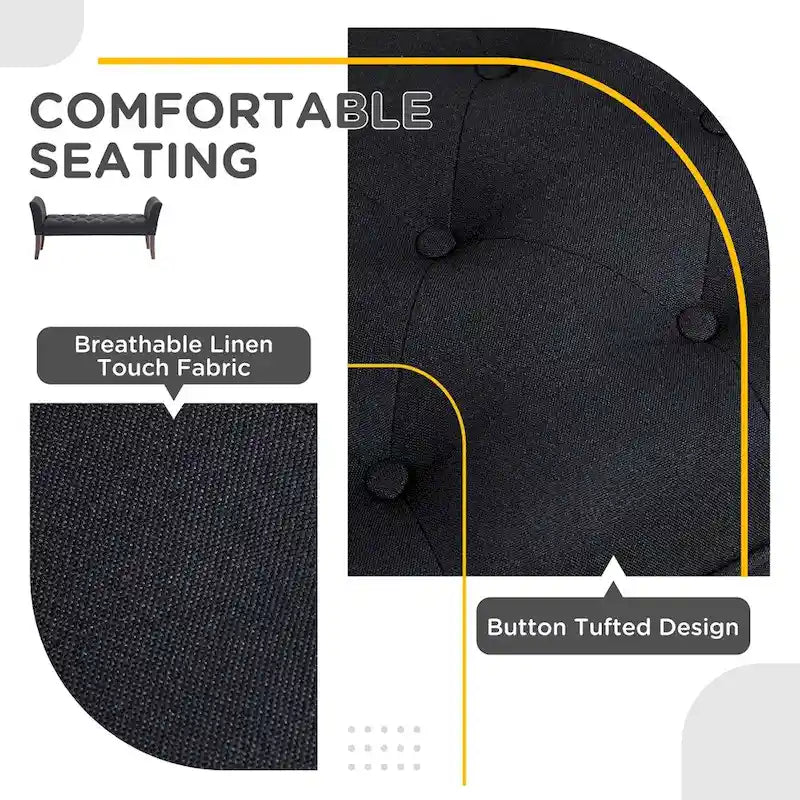 Button Tufted Upholstered Bench with Armrests Linen Fabric Rubber Wood Legs