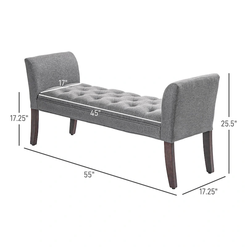 Button Tufted Upholstered Bench with Armrests Linen Fabric Rubber Wood Legs