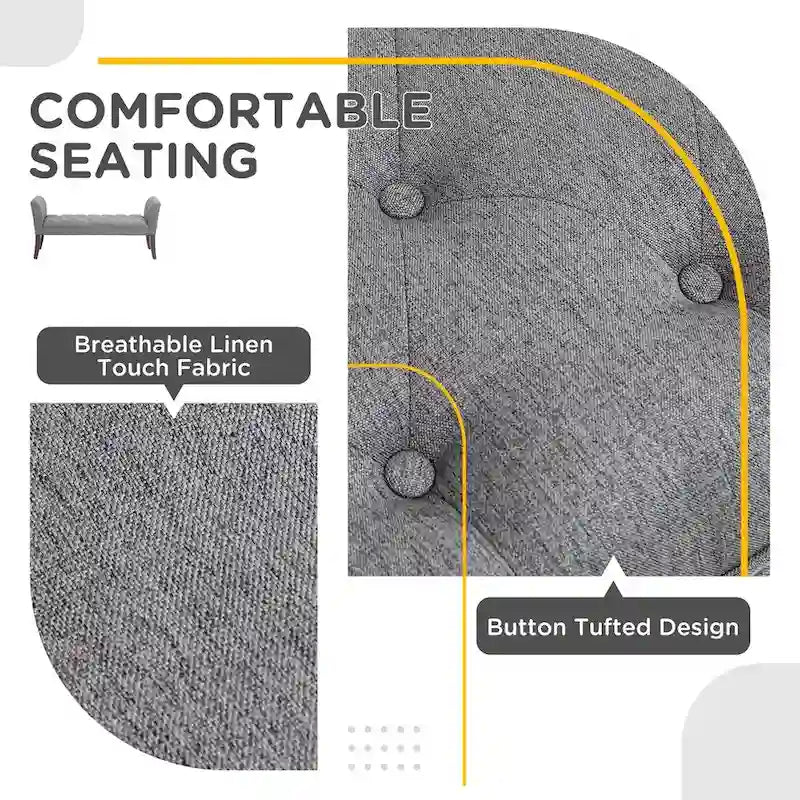 Button Tufted Upholstered Bench with Armrests Linen Fabric Rubber Wood Legs