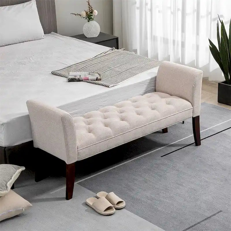 Button Tufted Upholstered Bench with Armrests Linen Fabric Rubber Wood Legs