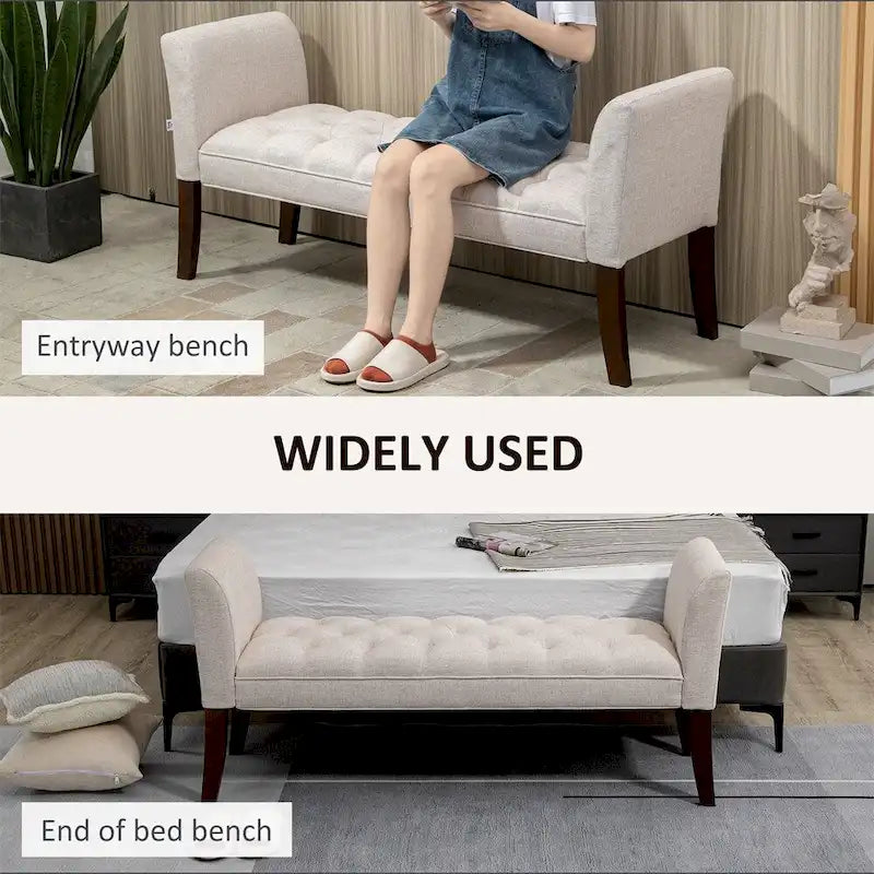 Button Tufted Upholstered Bench with Armrests Linen Fabric Rubber Wood Legs