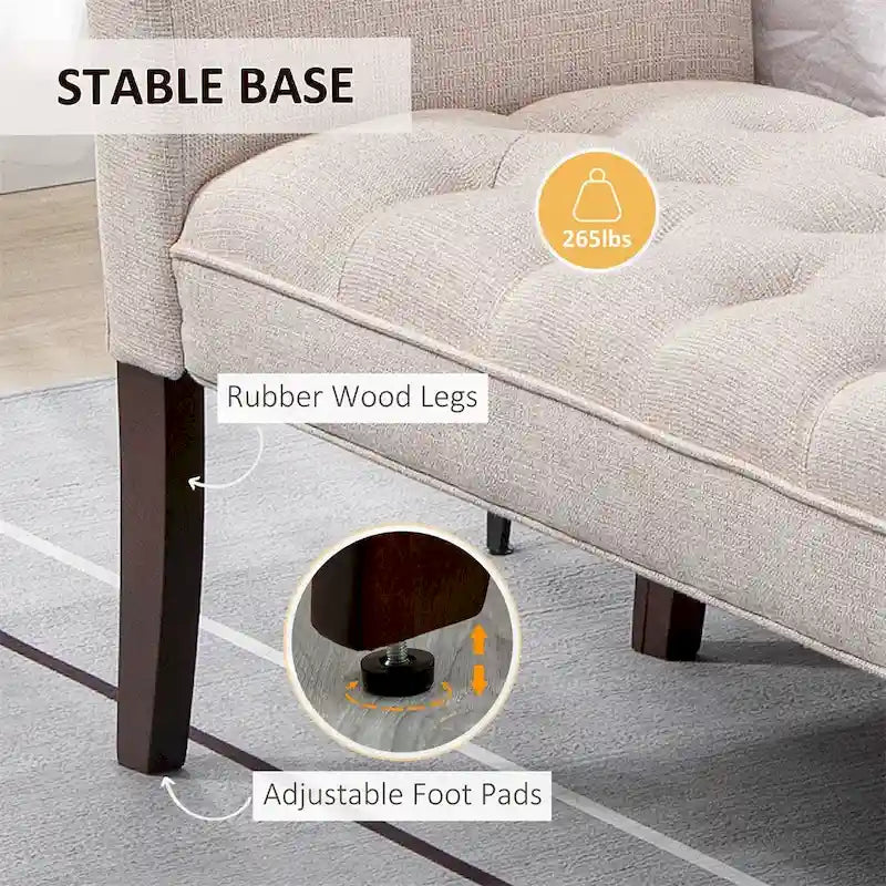 Button Tufted Upholstered Bench with Armrests Linen Fabric Rubber Wood Legs