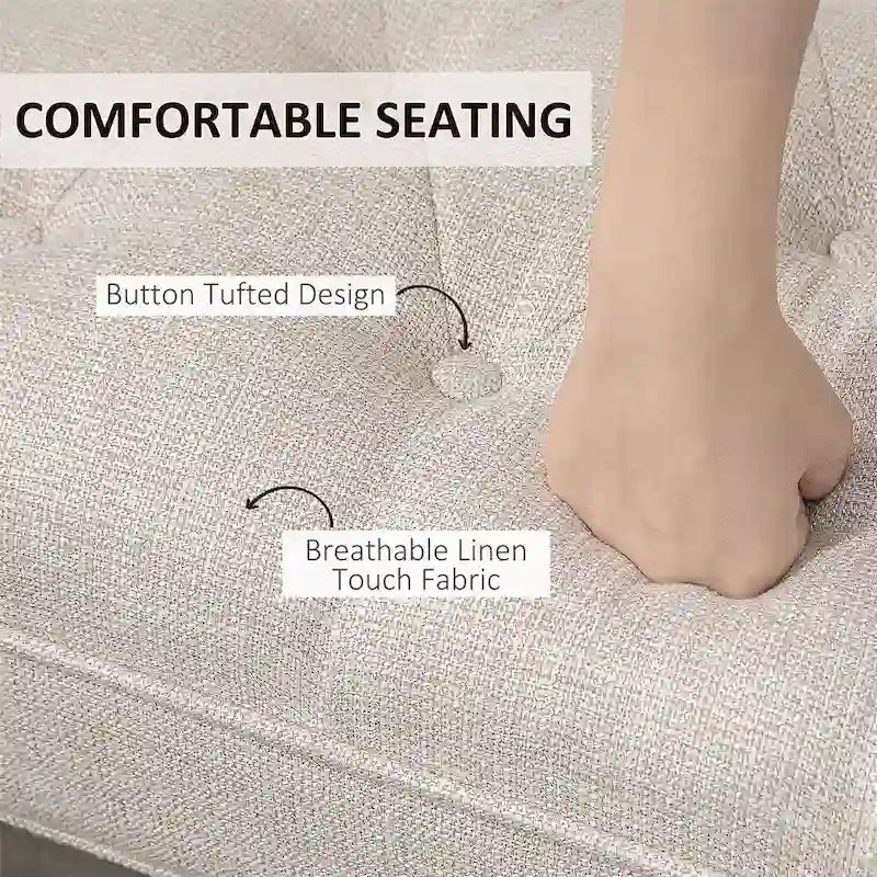 Button Tufted Upholstered Bench with Armrests Linen Fabric Rubber Wood Legs