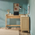 L-Shaped Home Office Desk Reversible Layout 2 Drawers 2 Open Cubbies MDF Laminate Coastal Oak Black