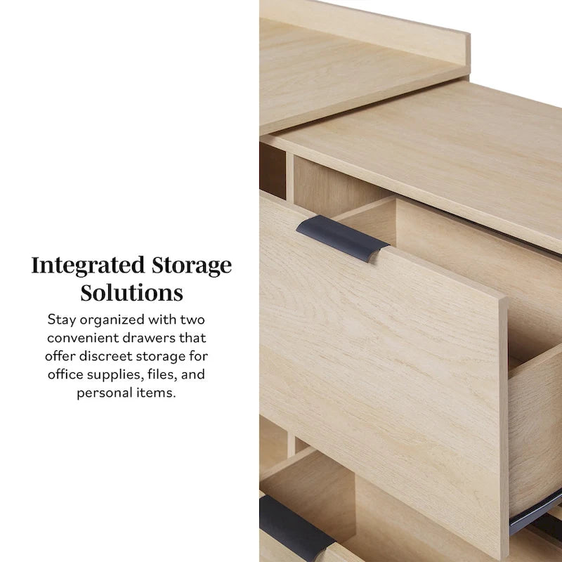L-Shaped Home Office Desk Reversible Layout 2 Drawers 2 Open Cubbies MDF Laminate Coastal Oak Black