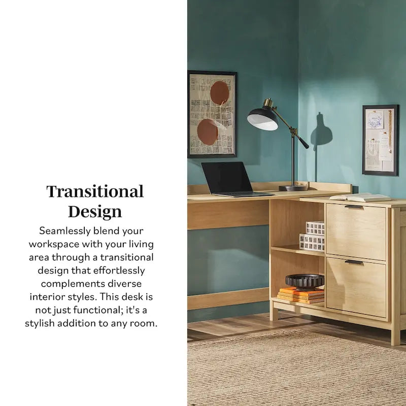 L-Shaped Home Office Desk Reversible Layout 2 Drawers 2 Open Cubbies MDF Laminate Coastal Oak Black