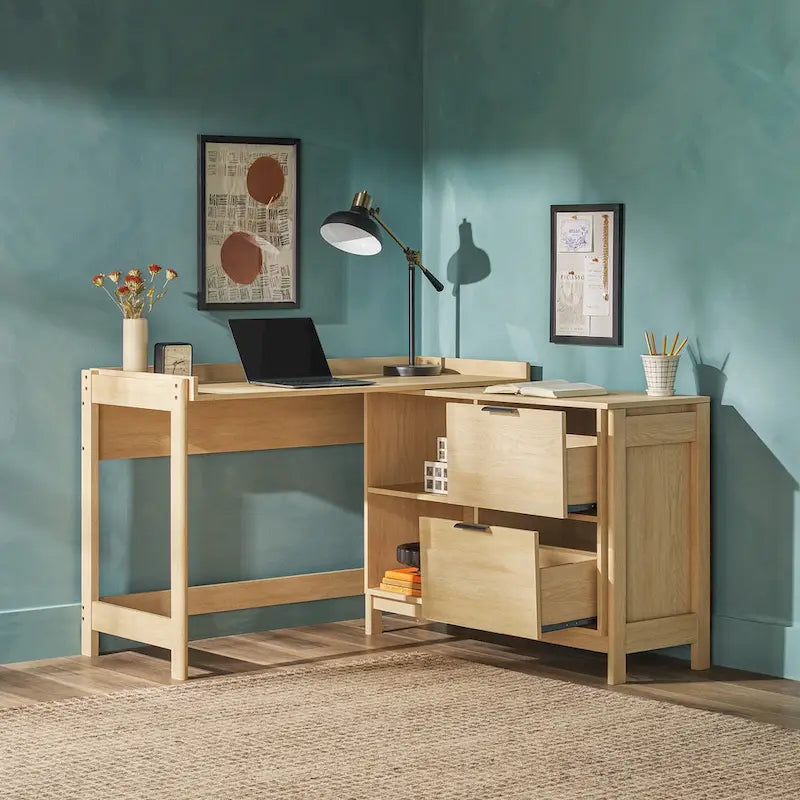 L-Shaped Home Office Desk Reversible Layout 2 Drawers 2 Open Cubbies MDF Laminate Coastal Oak Black