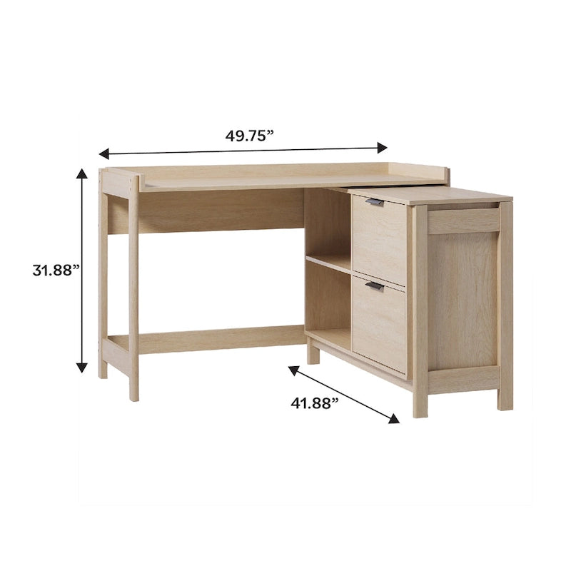 L-Shaped Home Office Desk Reversible Layout 2 Drawers 2 Open Cubbies MDF Laminate Coastal Oak Black