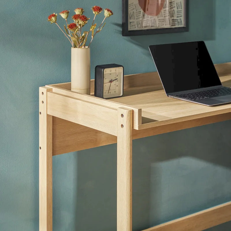 L-Shaped Home Office Desk Reversible Layout 2 Drawers 2 Open Cubbies MDF Laminate Coastal Oak Black
