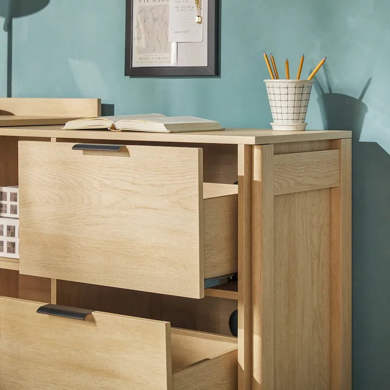 L-Shaped Home Office Desk Reversible Layout 2 Drawers 2 Open Cubbies MDF Laminate Coastal Oak Black