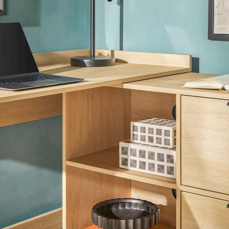 L-Shaped Home Office Desk Reversible Layout 2 Drawers 2 Open Cubbies MDF Laminate Coastal Oak Black