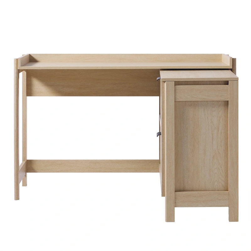 L-Shaped Home Office Desk Reversible Layout 2 Drawers 2 Open Cubbies MDF Laminate Coastal Oak Black