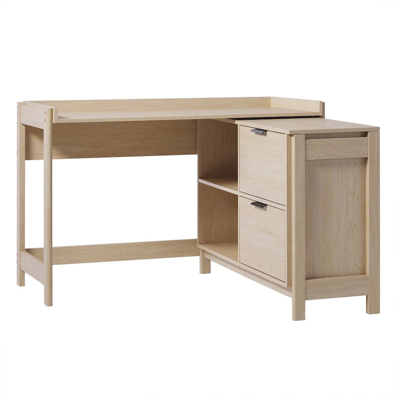 L-Shaped Home Office Desk Reversible Layout 2 Drawers 2 Open Cubbies MDF Laminate Coastal Oak Black