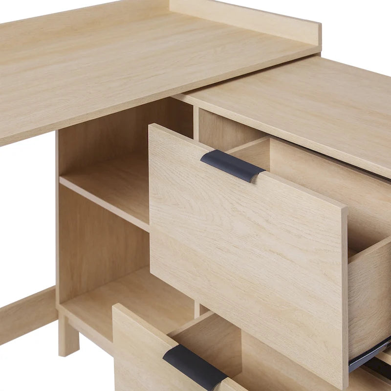 L-Shaped Home Office Desk Reversible Layout 2 Drawers 2 Open Cubbies MDF Laminate Coastal Oak Black
