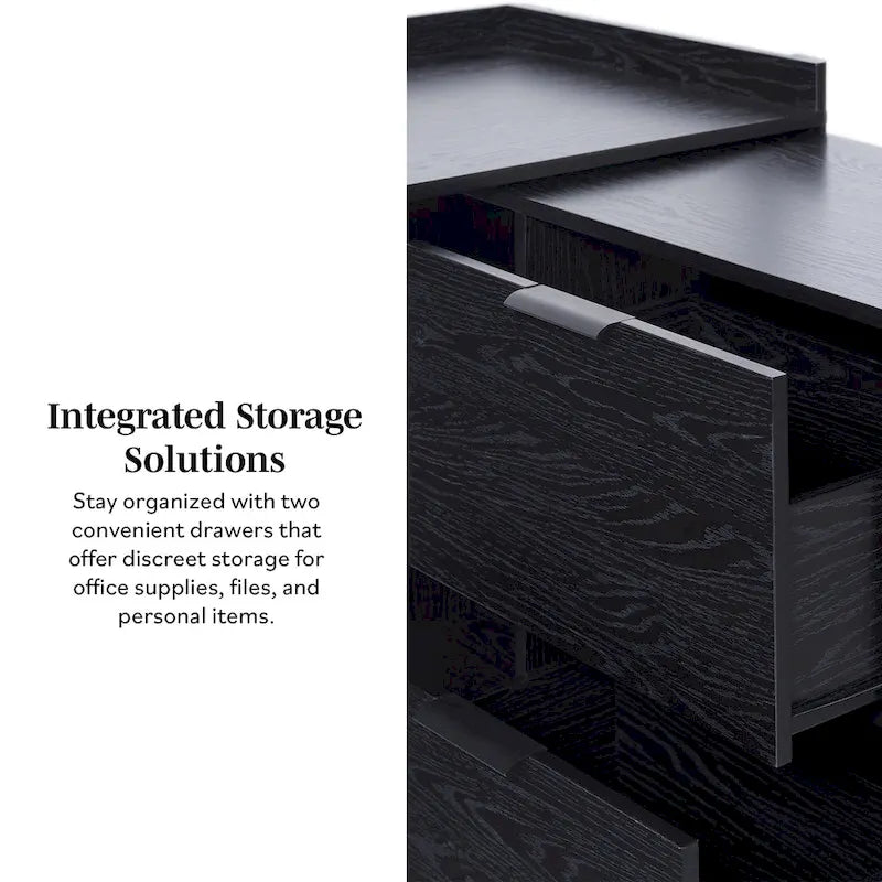 L-Shaped Home Office Desk Reversible Layout 2 Drawers 2 Open Cubbies MDF Laminate Coastal Oak Black