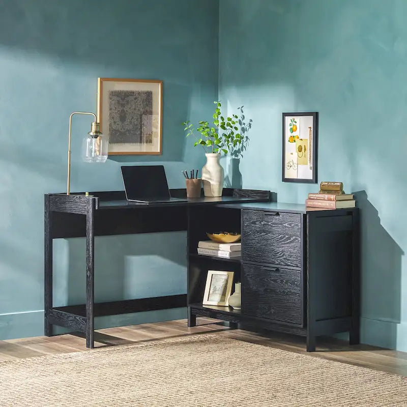L-Shaped Home Office Desk Reversible Layout 2 Drawers 2 Open Cubbies MDF Laminate Coastal Oak Black