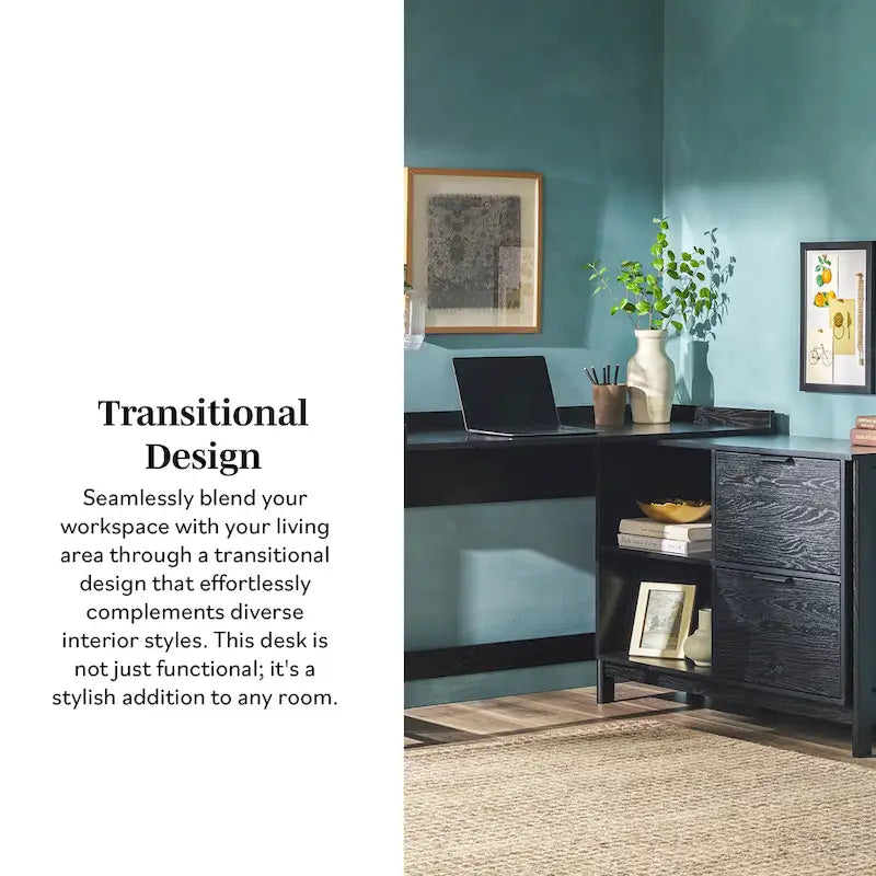 L-Shaped Home Office Desk Reversible Layout 2 Drawers 2 Open Cubbies MDF Laminate Coastal Oak Black