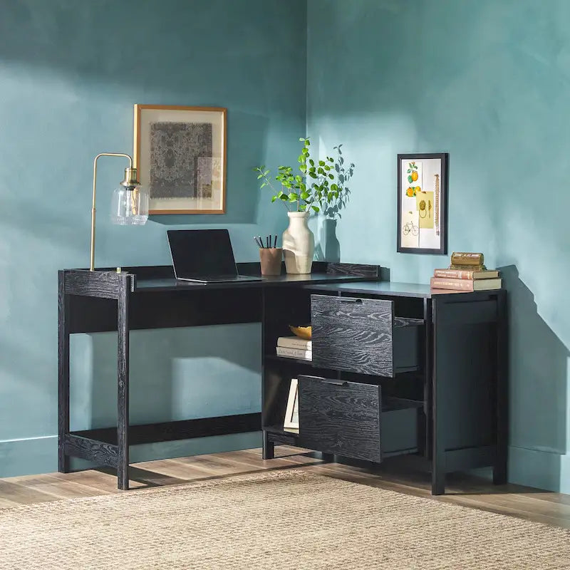 L-Shaped Home Office Desk Reversible Layout 2 Drawers 2 Open Cubbies MDF Laminate Coastal Oak Black