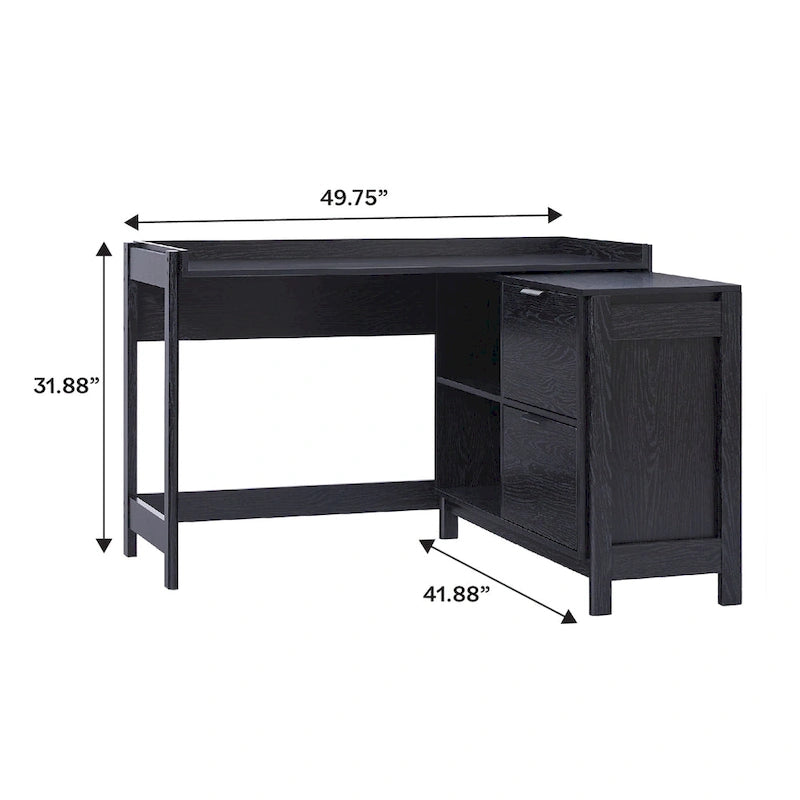 L-Shaped Home Office Desk Reversible Layout 2 Drawers 2 Open Cubbies MDF Laminate Coastal Oak Black