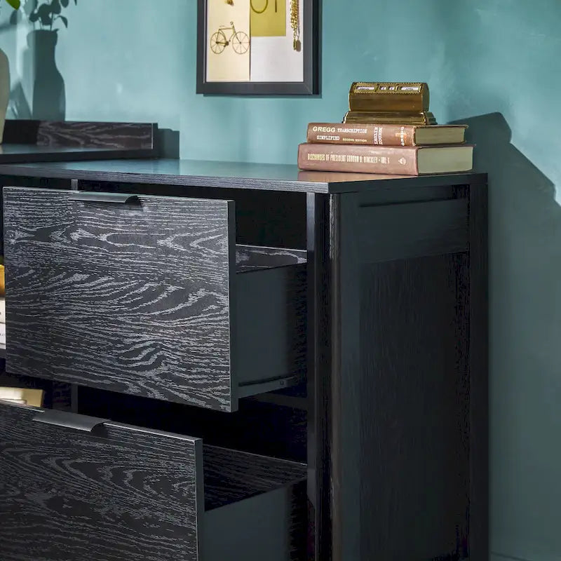 L-Shaped Home Office Desk Reversible Layout 2 Drawers 2 Open Cubbies MDF Laminate Coastal Oak Black