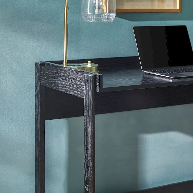 L-Shaped Home Office Desk Reversible Layout 2 Drawers 2 Open Cubbies MDF Laminate Coastal Oak Black