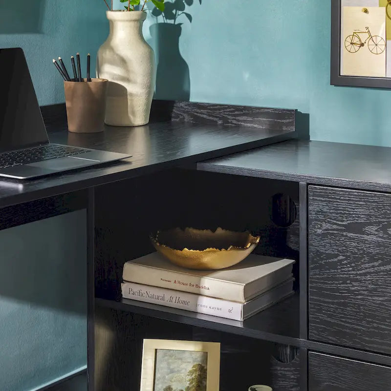 L-Shaped Home Office Desk Reversible Layout 2 Drawers 2 Open Cubbies MDF Laminate Coastal Oak Black