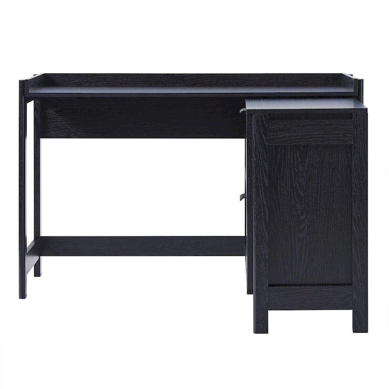 L-Shaped Home Office Desk Reversible Layout 2 Drawers 2 Open Cubbies MDF Laminate Coastal Oak Black