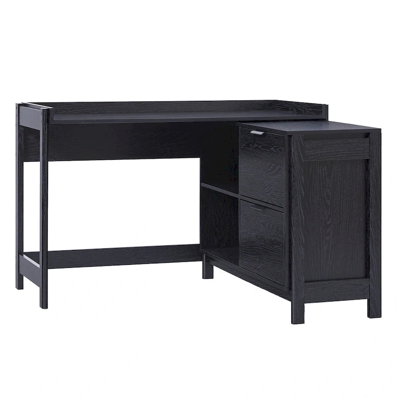 L-Shaped Home Office Desk Reversible Layout 2 Drawers 2 Open Cubbies MDF Laminate Coastal Oak Black