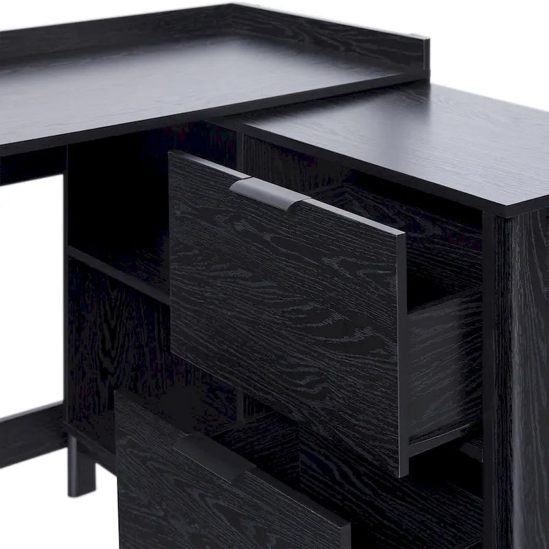 L-Shaped Home Office Desk Reversible Layout 2 Drawers 2 Open Cubbies MDF Laminate Coastal Oak Black