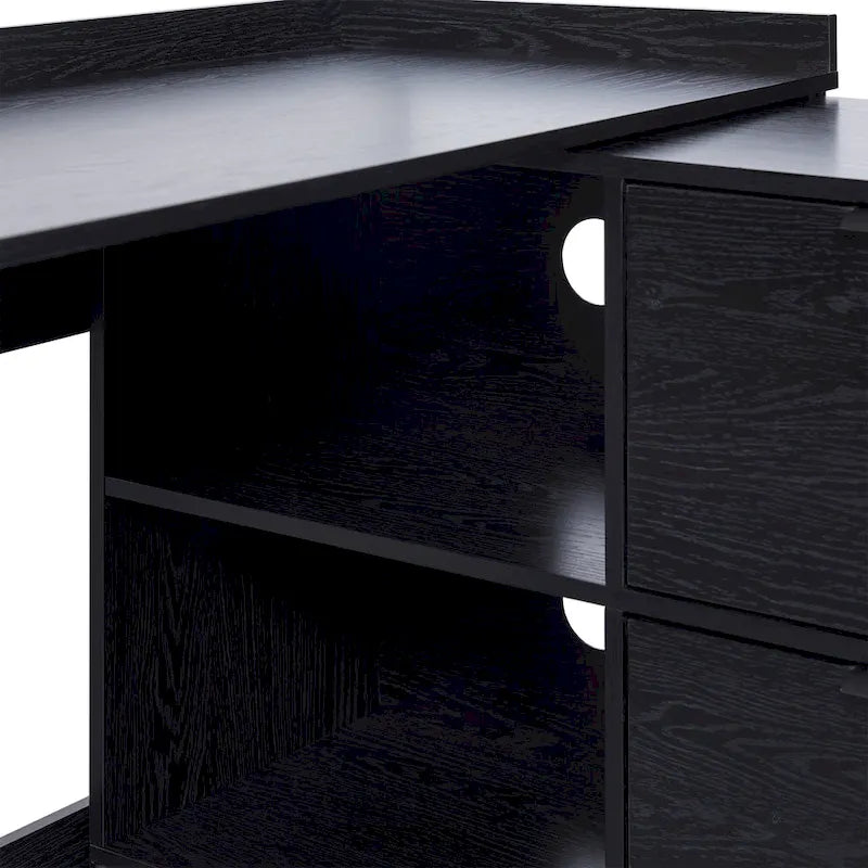 L-Shaped Home Office Desk Reversible Layout 2 Drawers 2 Open Cubbies MDF Laminate Coastal Oak Black