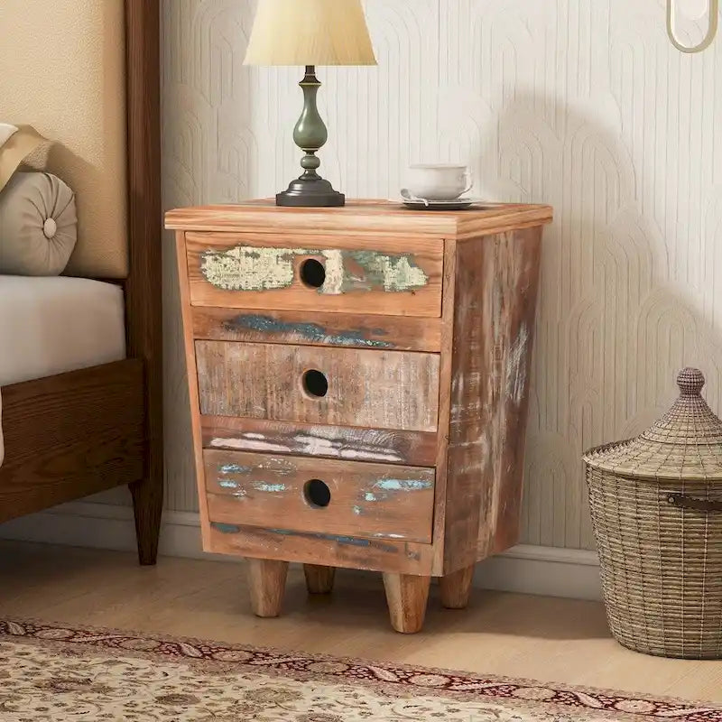 Reclaimed Wood Nightstand 3 Drawer Side Table Rustic Distressed Natural