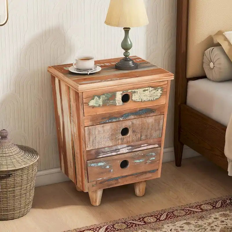 Reclaimed Wood Nightstand 3 Drawer Side Table Rustic Distressed Natural