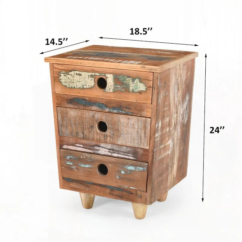 Reclaimed Wood Nightstand 3 Drawer Side Table Rustic Distressed Natural