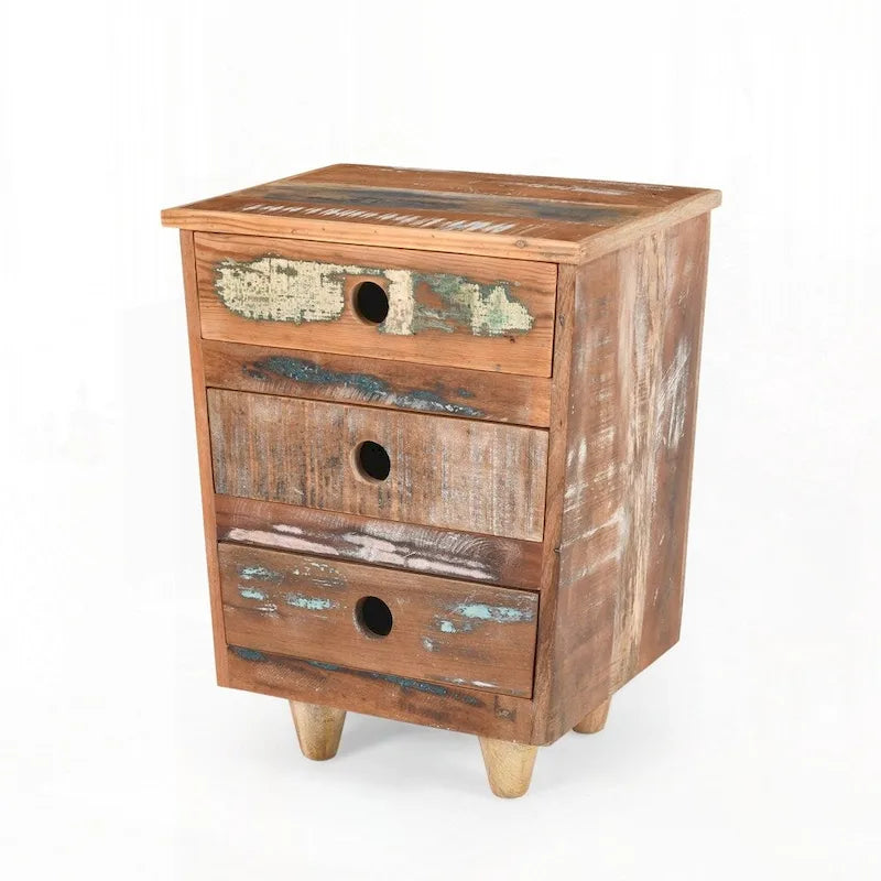 Reclaimed Wood Nightstand 3 Drawer Side Table Rustic Distressed Natural